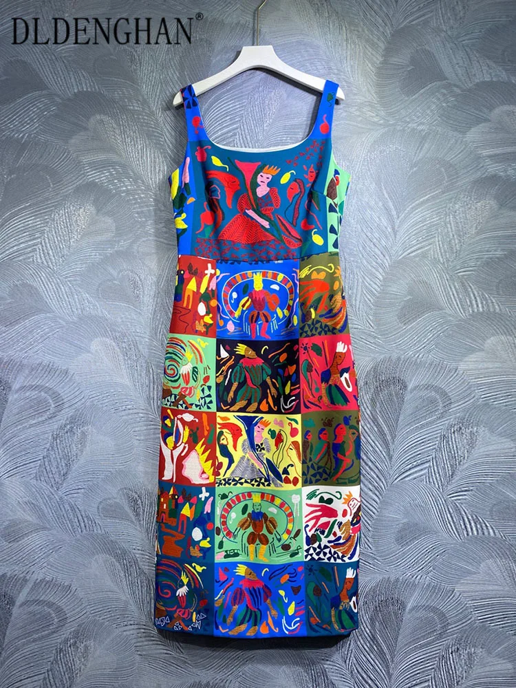 

DLDENGHAN Spring Summer Pencil Dress WomenSpaghetti Strap Sleeveless Pockets Indie Folk Print Backless Dress Fashion Runway New