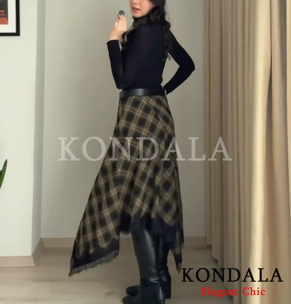 KONDALA Vintage Chic Damen Midi-Rock Karierter Spitzenrock Lang Neuer 2026 Frühling Sommer Eleganter Büro- und Dinner-Party Damenrock – Detail 4