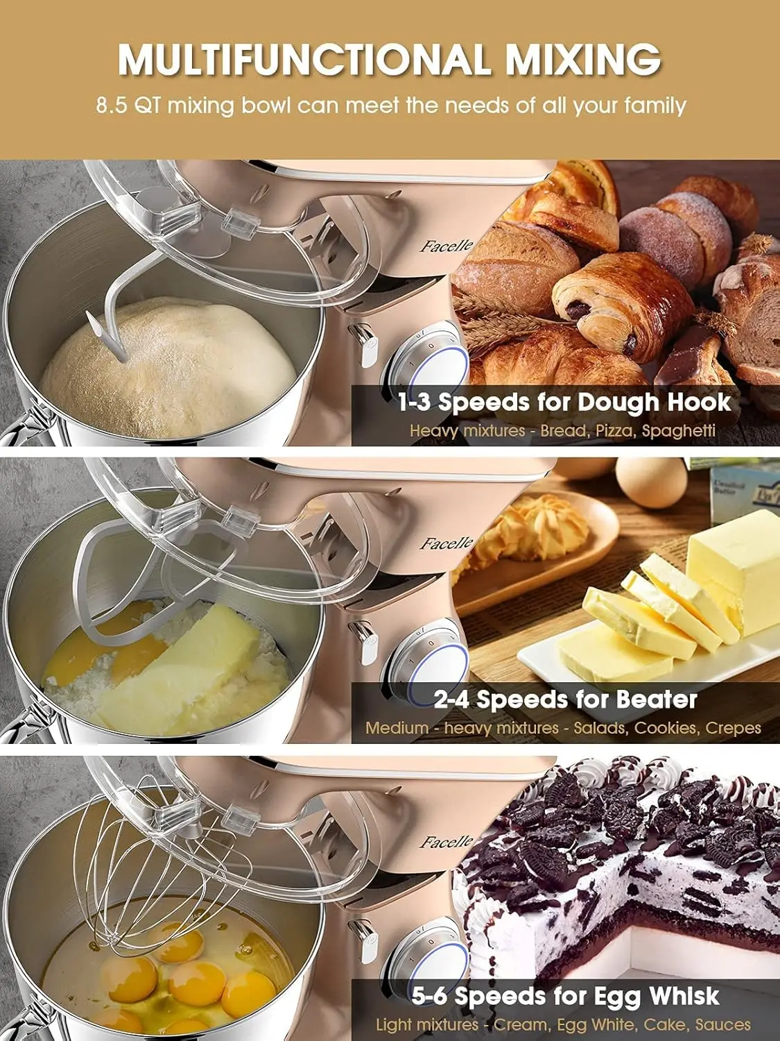 Kitchen Electric Stand Mixer, Facelle Cake Mixer for Baking 6-Speed 660W Tilt-Head Food Mixer with Beater, Dough Hook and Wire W 4