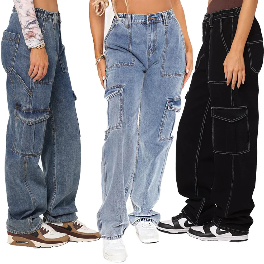 

High Waist Denim Overalls Casual Pants Baggy Pockets Vintage Streetwear Wide Leg Trousers Straight Jeans