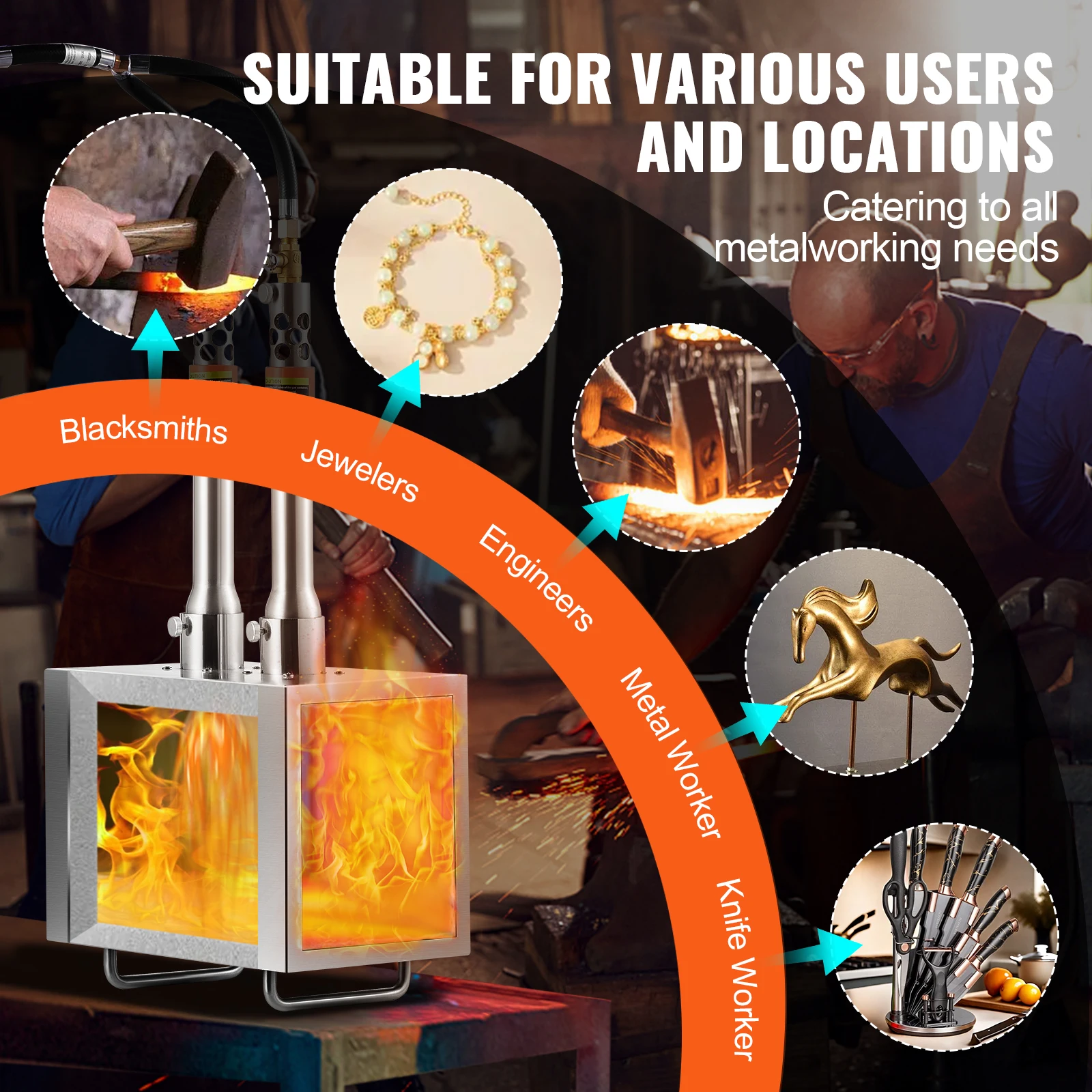 VEVOR Portable Propane Forge Farrier Forge 2600℉ Tool and Knife Making Blacksmithing Gas Square Stainless Steel