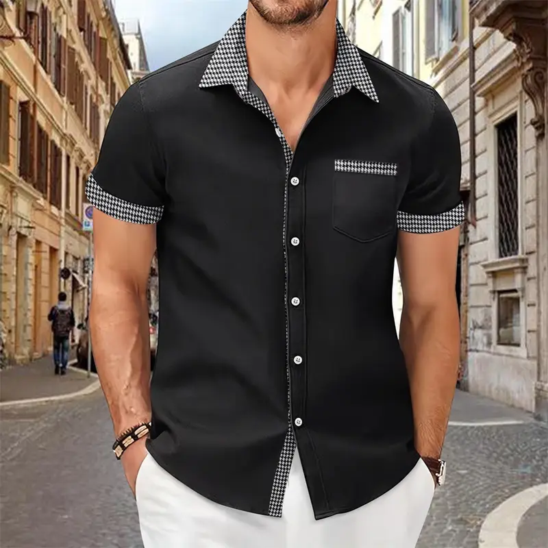 Patchwork Printed Shirt for Men, Solid Color, Comfortable and Soft Short Sleeve Top, Large Size, Summer New - Image 11
