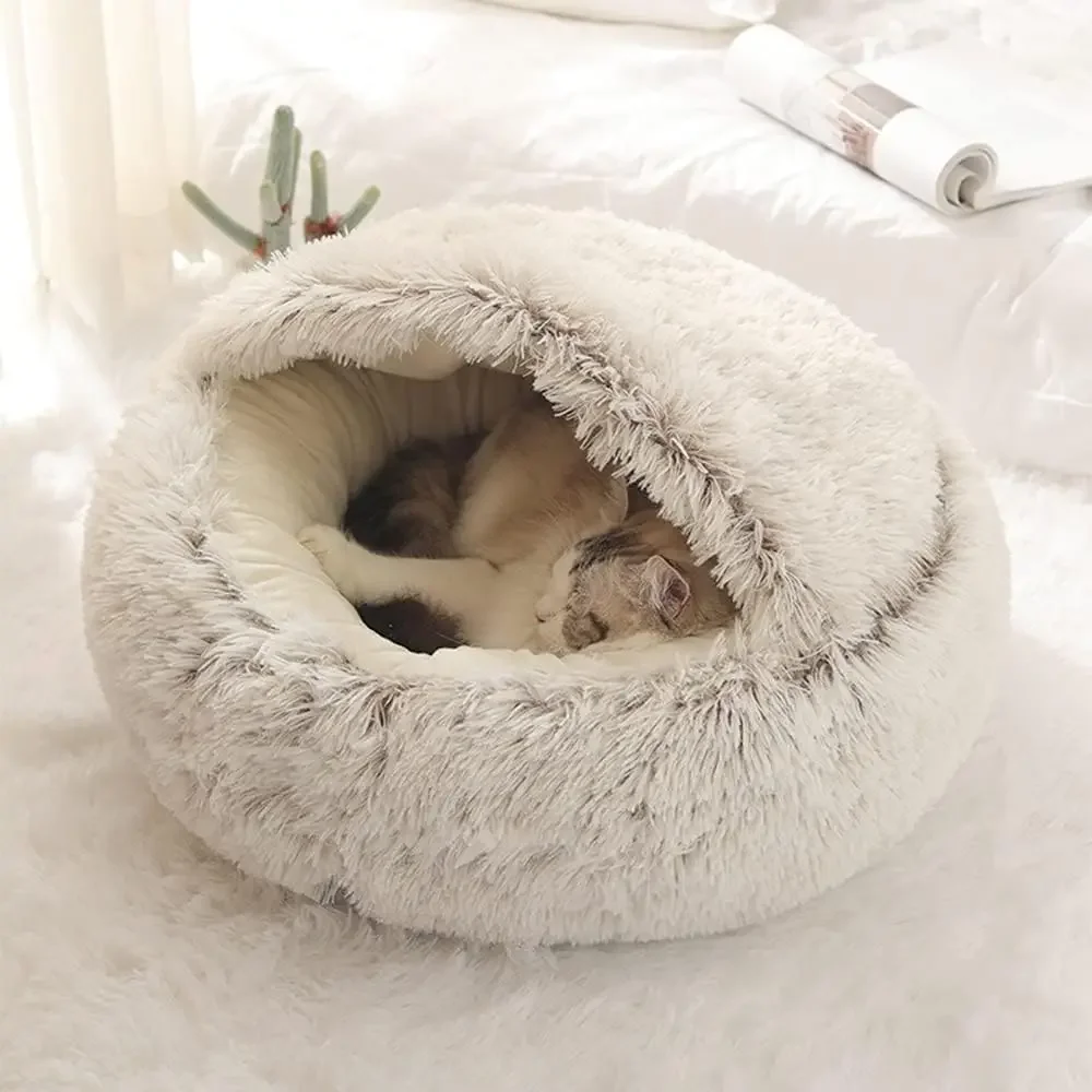 Soft Plush Pet Bed with Cover Round Cat Bed Pet Mattress Warm Cat Dog 2 in 1 Sleeping Nest Cave for Small Dogs 4
