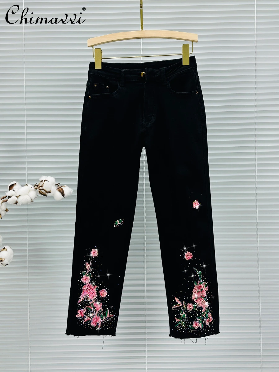 

Embroidered Cropped Jeans Women's 2024 Spring Clothes New Fashion High Waist Slim Fit Rhinestone Smoke Tube Straight-Leg Pants