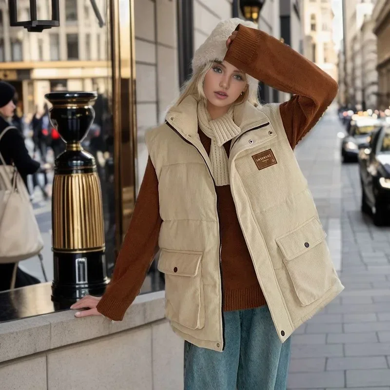 Winter Women Corduroy Cotton Vest Labeling Elegant Fashion Simplicity Thicken Coat Office Lady Cardigan Sleeveless Jacket