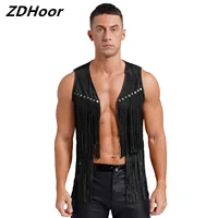 Mens Faux Suede Tassel Vest Western Cowboy Vest Fashion Rivets Fringe Waistcoat Open Front Sleeveless Jacket 1