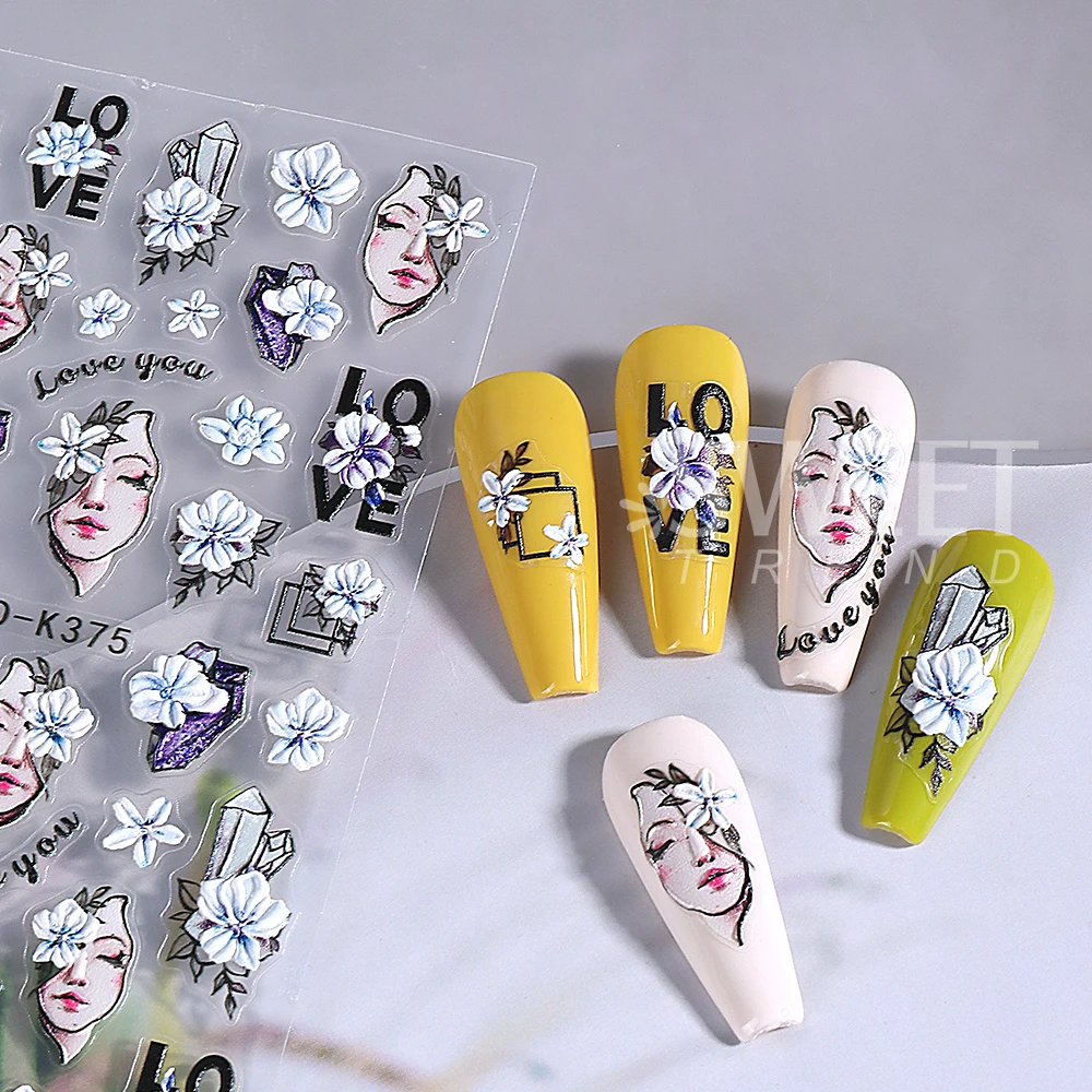 Purple Geometry Flower Nail Art Stickers 5D Embossed Self-Adhesive Rose Winter Nail Decals for Valentine's Day Manicure Decor