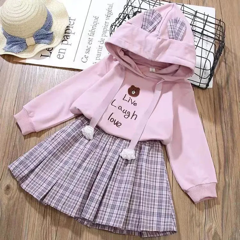 

New Girls Clothing Sets 3-12 Years Spring Autumn Cartoon Bear Hoodies + Pleated Skirt 2Pcs Suit For Children Birthday Present