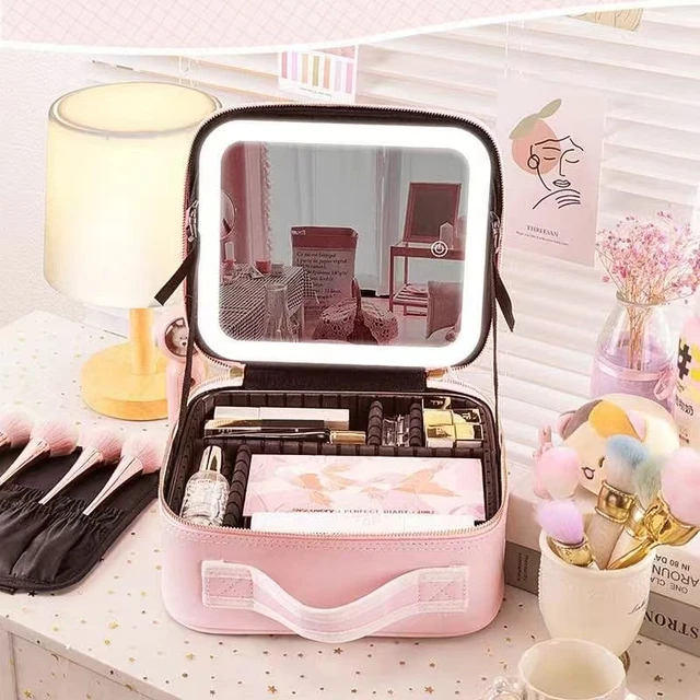 Korea LED Makeup Bag With Mirror Large Cosmetic Bag Portable Travel Pink  Storage Bag Smart Led Cosmetic Case With Mirror Light - AliExpress