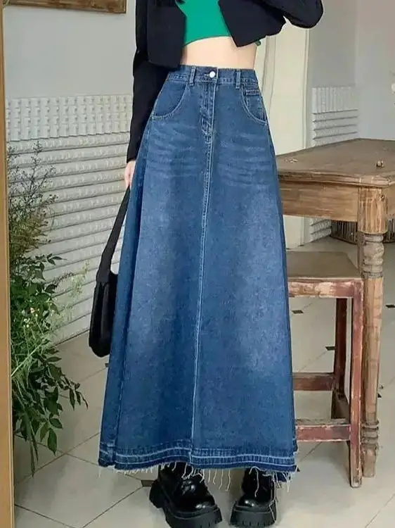 Denim Skirt High Waist New A-Line Long Women Vintage Casual Elastic Waist Jean Skirt Summe 2024 Dark Blue Skirt