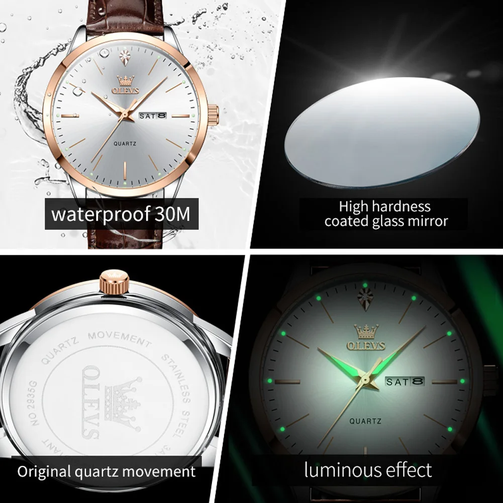 OLEVS 2935 Men Quartz Watch Dual Calendar Luminous Classic Business Watch For Men Fashion Original Waterproof Dress Wristwatch