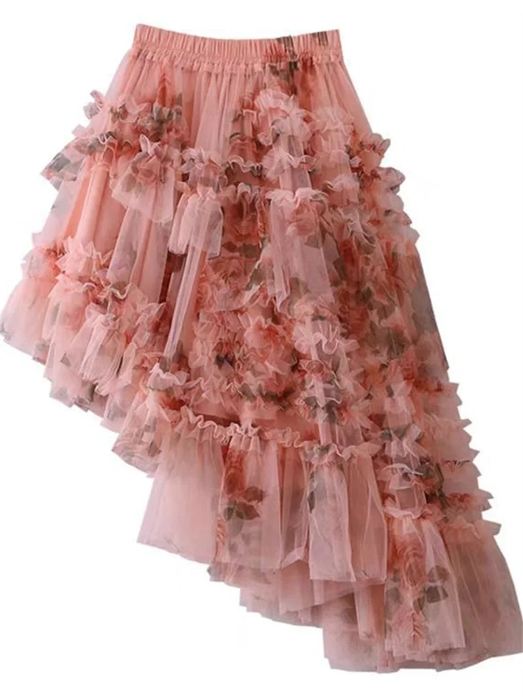 French Style Holiday Ruffle Irregular Midi Long Party Skirt Ball Gown Multi Layer Mesh Fashion Gauze Tutu Elegant Vintage Skirts