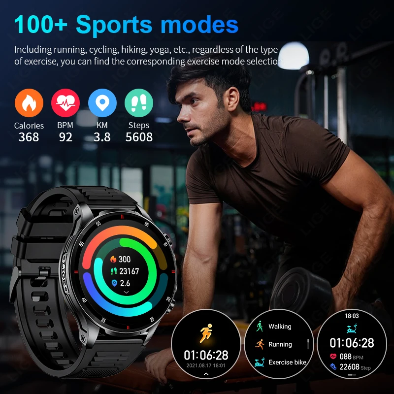 LIGE New Men's Voice Calling Smart Watch LED Flashlight 100+ Sports Fitness Outdoor Smart Watch Health Tracker For Android iOS