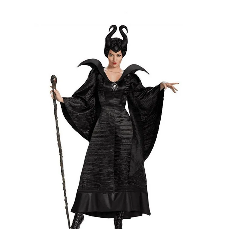 

Movie Black Queen Women Dress Evil Witch Cosplay Costume Adult Horns Hat Halloween Party Demon Outfit with Horn Hat Headpiece