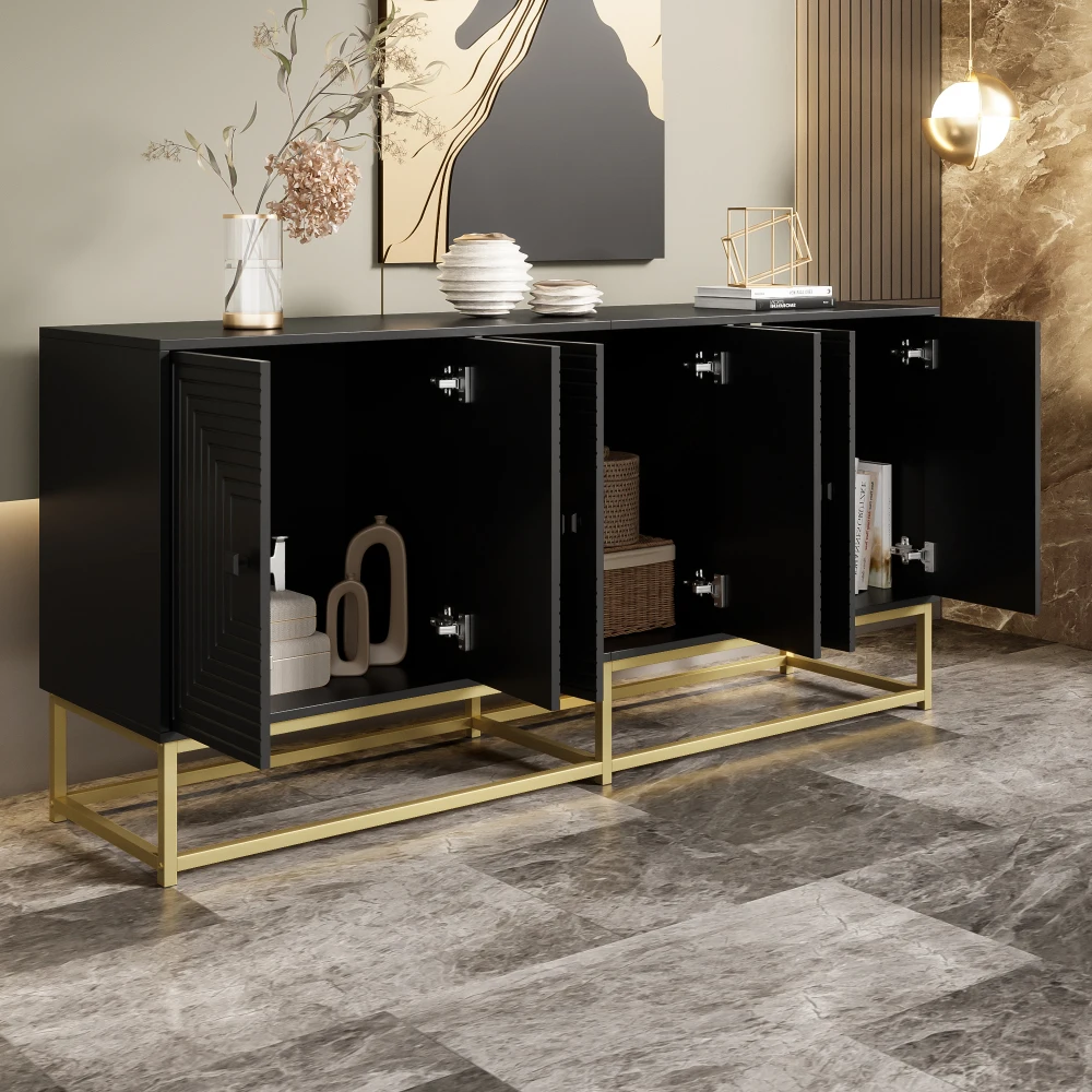 PINGGO Moderner Schwarzer Aufbewahrungsschrank 3 Doppeltüren Matte Oberfläche Sideboard für Wohnzimmer Esszimmer Büro – Detail 5