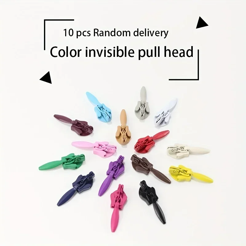 10pcs Assorted Colors Nylon Zipper Pulls, 3# Invisible Slider, Random Delivery, Dress Zipper Accessories For DIY Clothing Repair