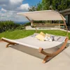 Outdoor Patio Lounge Daybed Hammock with Adjustable Shade Canopy, Teak Hammocks 1