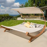Outdoor Patio Lounge Daybed Hammock with Adjustable Shade Canopy, Teak Hammocks 1