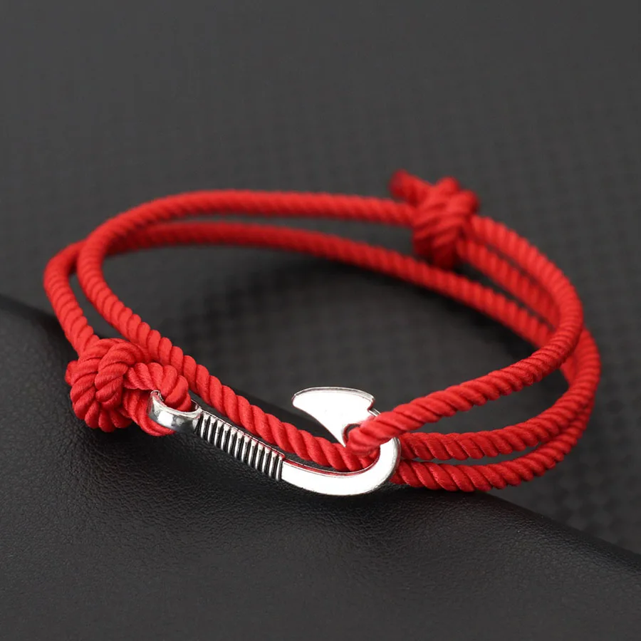 Men Adjustable Rope Bracelet With Fishing Hook Charm
