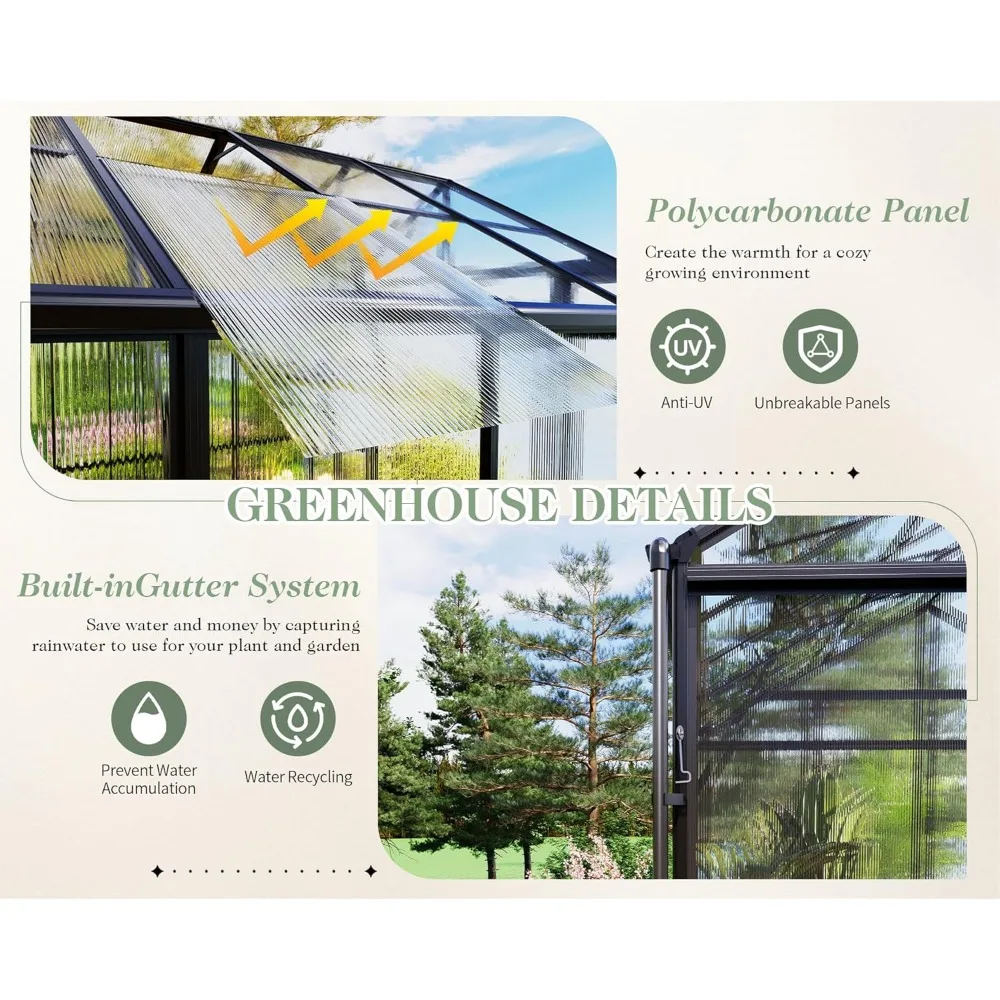 Aluminum Polycarbonate Greenhouse with Ventilation and Rain Gutter, Double Swing Doors with Hook, Greenhouses 5