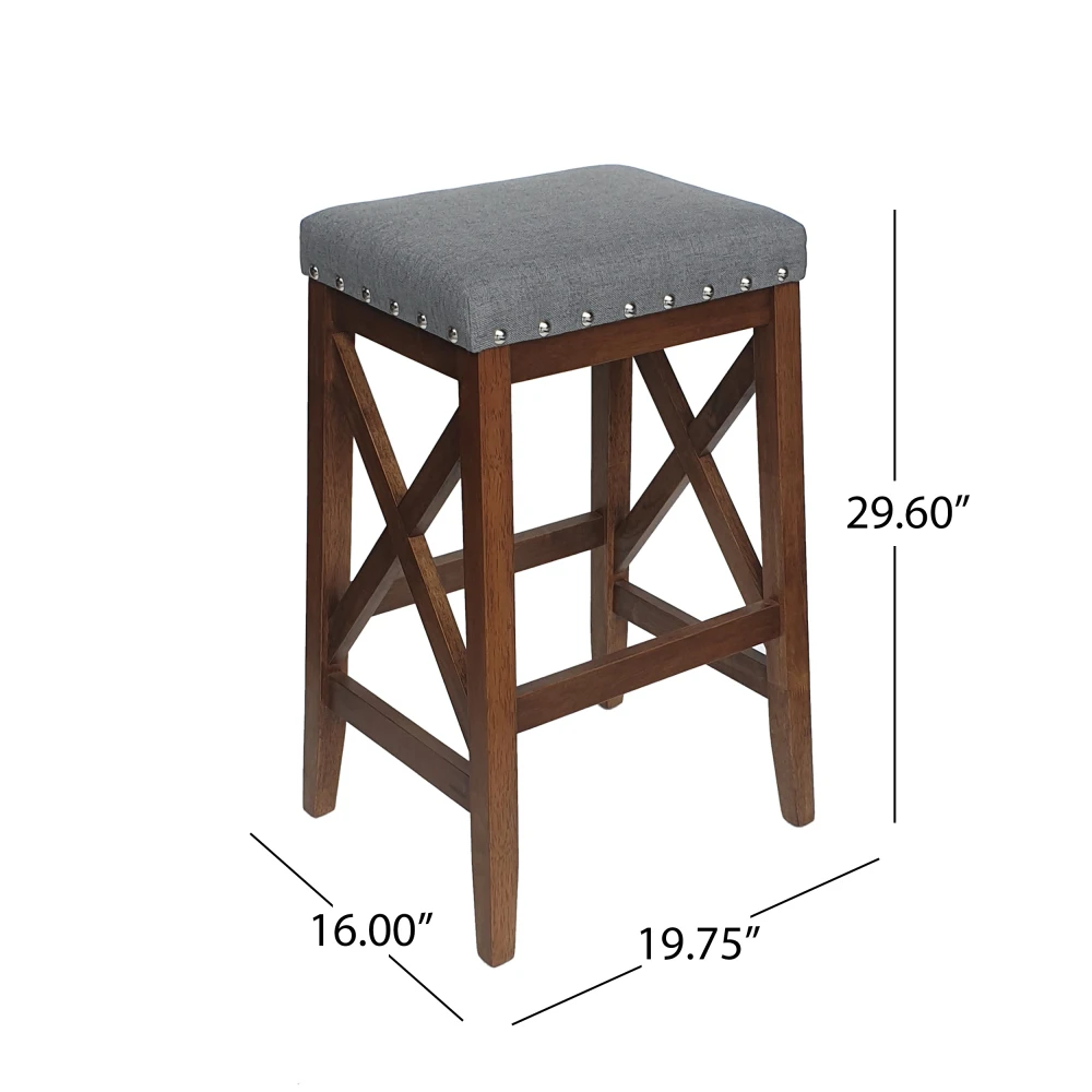 Inspired Gray Fabric - Topped Bar Stool Saddle Barstool with X - Shaped Wooden Frame, Measuring 29.60''×16.00''×19.75'' 4