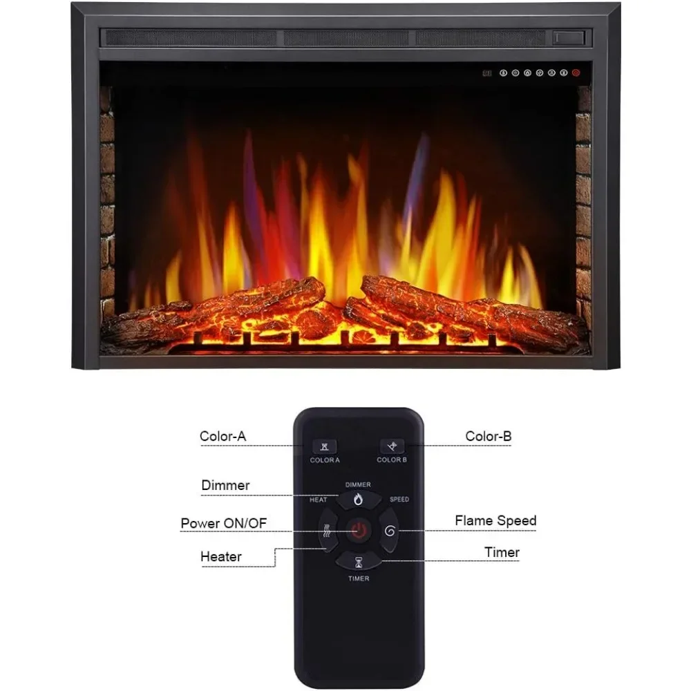 Electric Fireplace Insert, Freestanding & Recessed Electric Stove Heater, LED Adjustable Flame with Burning Fireplace Logs Touch