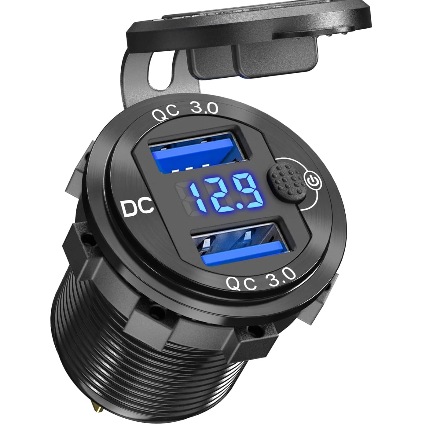 Presa USB Auto 12V-24V Con Quick Charge 3.0 - 36W Metallica - Voltmetro LED E Interruttore - Per Camper, Moto, Camion - 2