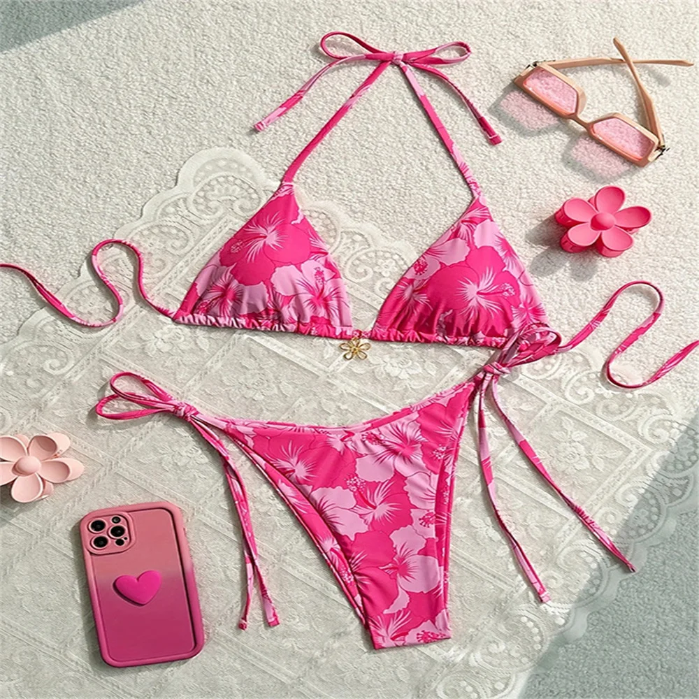Flower Pendant Bikinis Sets Pink Floral Print Swimsuit Push Up Triangle String Backless Bikini Swimwear Women Beach Bathing Suit