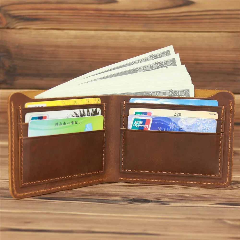 Men's Short Wallet Retro Genuine Leather Cowhide Crazy Horse Thin Cash Money Card Holder Coin Purse Holder For Man Gift 5