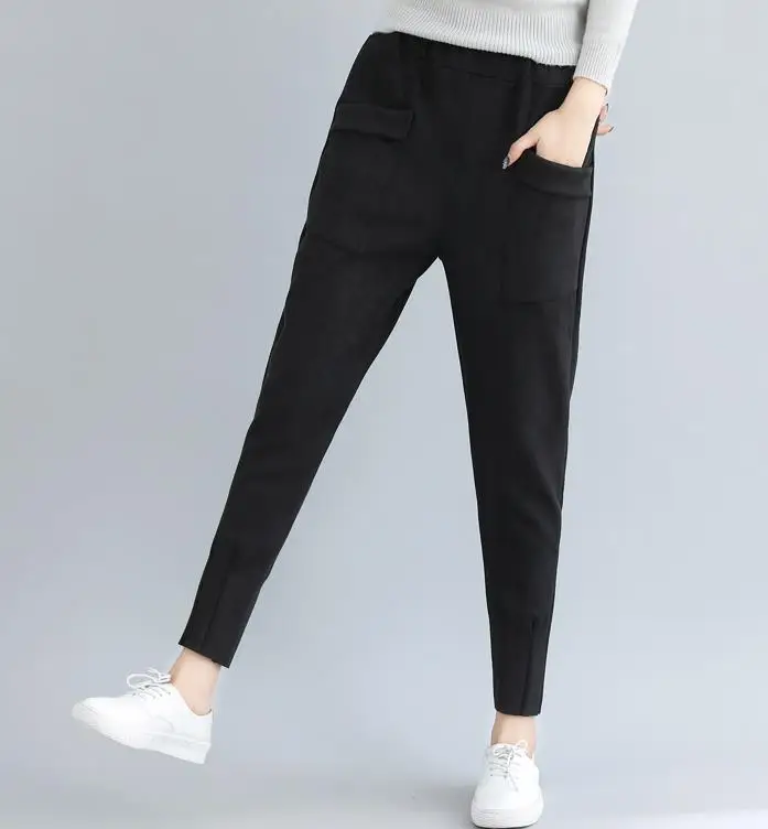 Spring and Autumn women's trousers elastic waist pocket casual trousers loose solid plus-size pencil trousers white capris