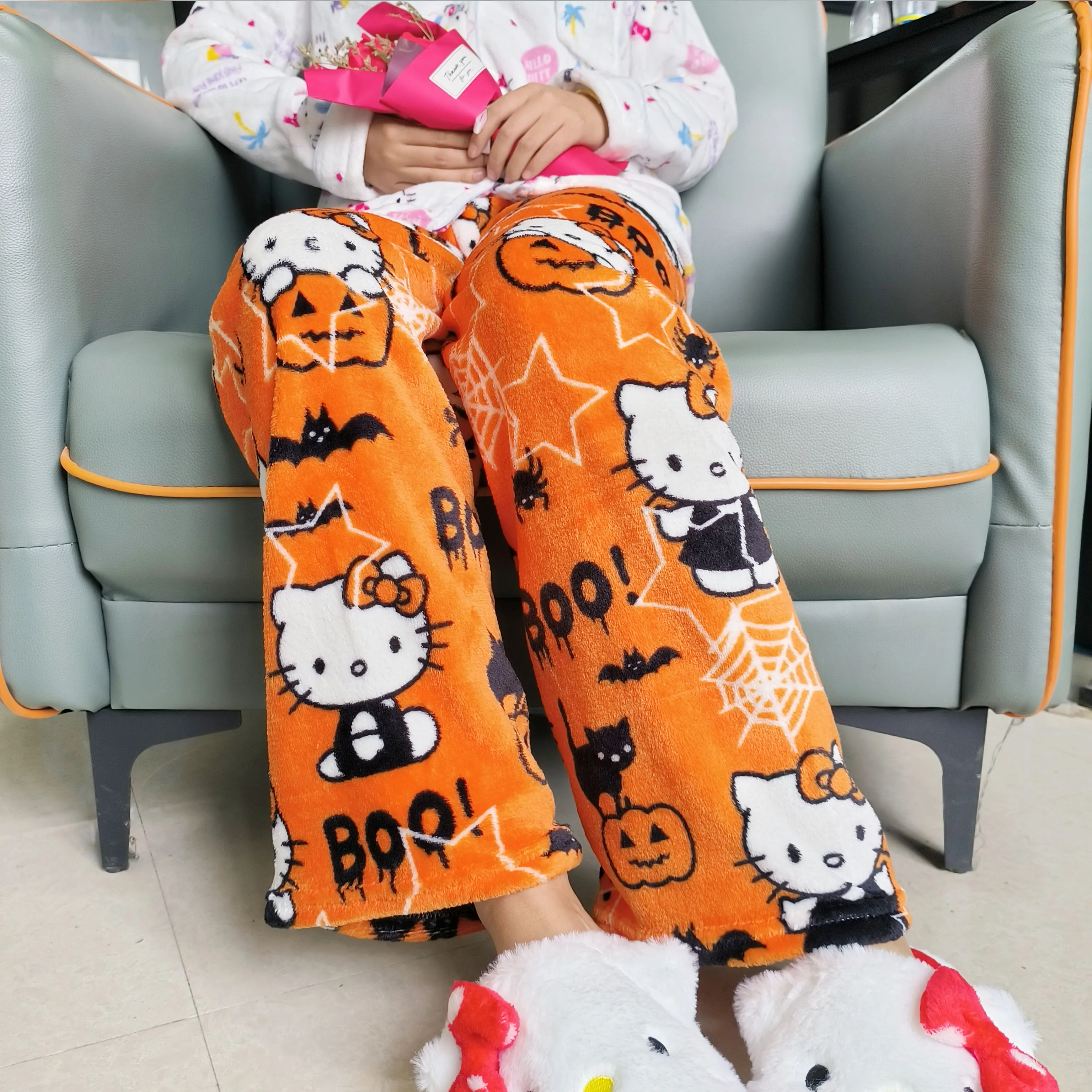 Sanrio Hello Kitty Fleece Pajama Pants Women Casual Home Trousers Kawaii Anime Cartoon Birthday Gift