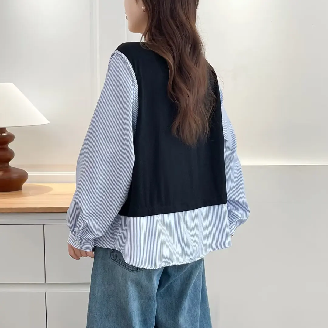 Fashion Plus Size Women's Blouses Autumn New Classic Fake Two Pieces Casual Striped Patchwork Shirt 8032