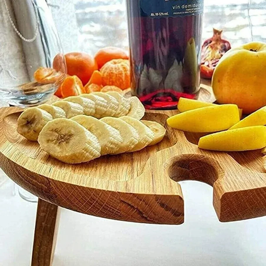 Wooden Foldable Tables Dried Fruit Tray with Wine Glass Holder Fruit Snack Pastry Coffee Tabler for Outdoor Picnic Garden Party