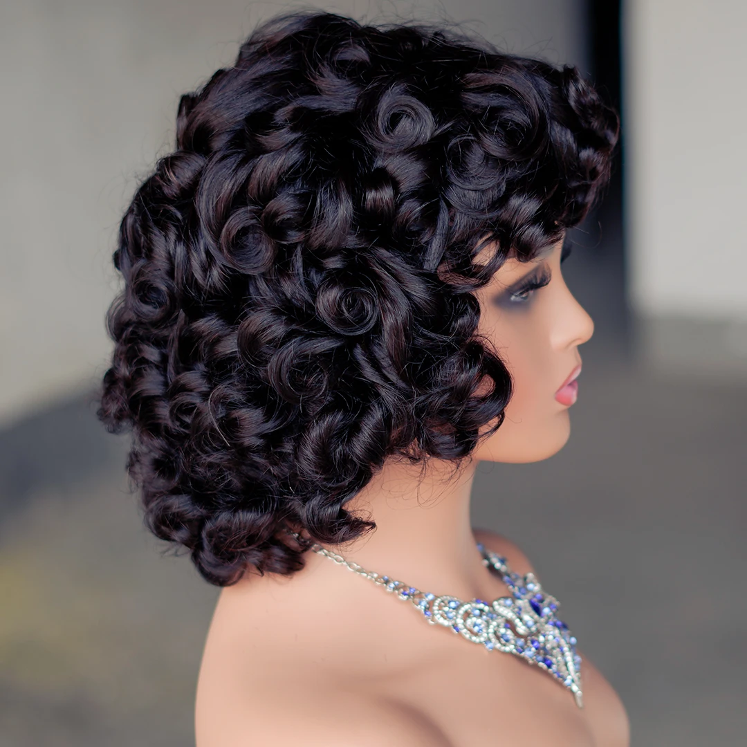 Brazilian Fumi Curl Human Hair Bob Wigs With Bang For Black Women Wonderful Black Dark Remy Bob Hair Machine Made Cheap Wigs