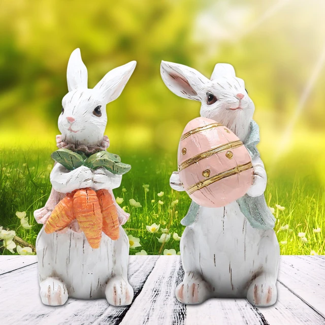 2 PCS Rabbit Ornaments Easter Resin Bunny Statues Easter Egg Bunny