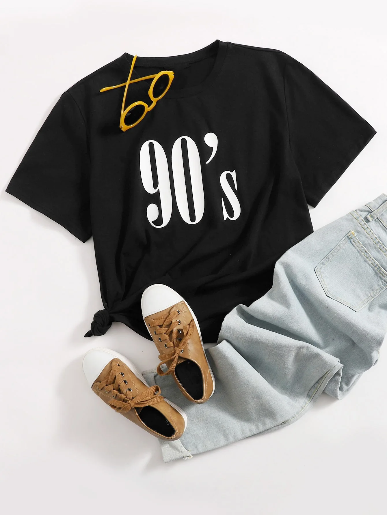 

Finjani Women's Plus Size Solid Color "90's" Print Sports T Shirt, Trendy Round Neck Short Sleeve Casual T Shirt, Women's Clothi