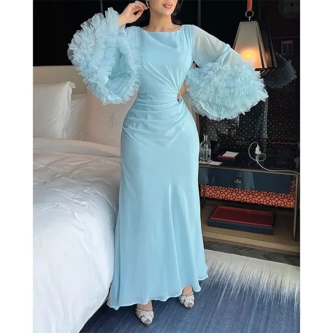 

Elegant O-neck ball dress, flared long sleeved evening dress, ruffled hem, knee length Arabic dress group formal occasions 2024