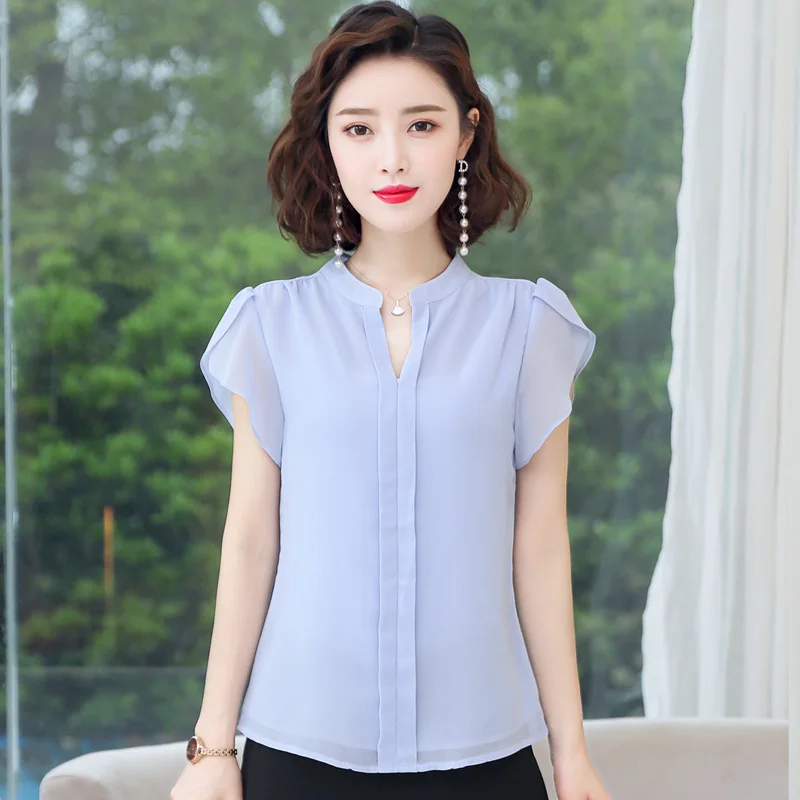 New Women'S Summer Loose Comfortable Temperament Lotus Leaf Sleeves V-Neck Chiffon Shirt Women'S Fashion Versatile Pullover Top