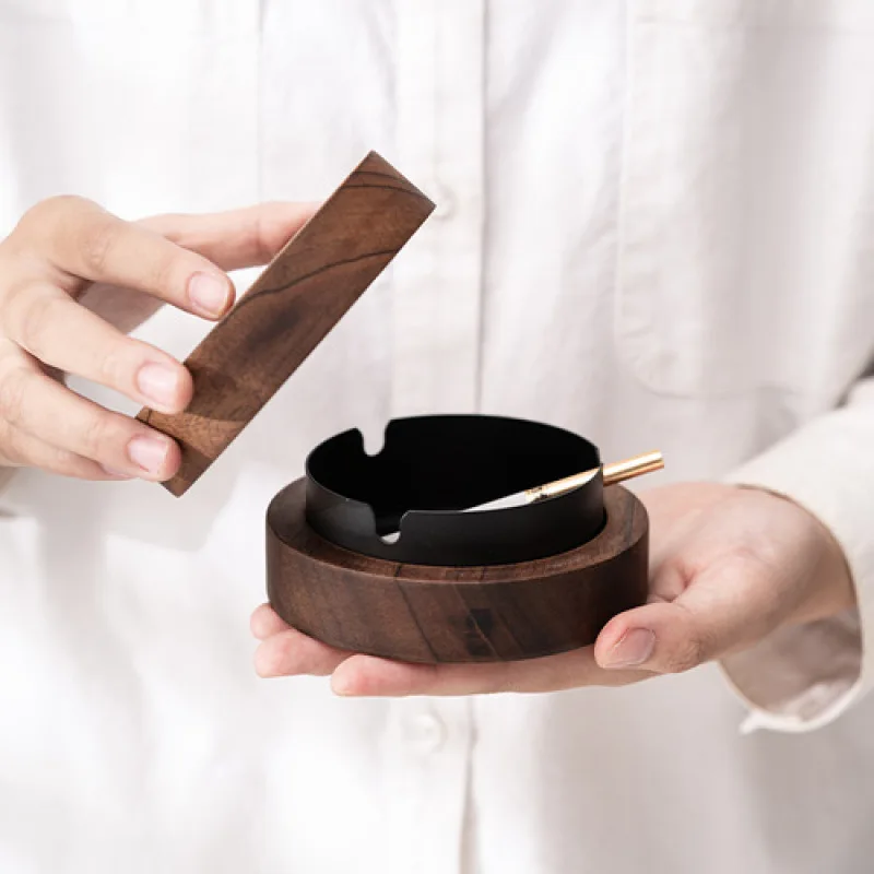 Wood Ashtray With Lid Smokers Stainless Steel Liner Windproof Patio Office Home Cigar Holder