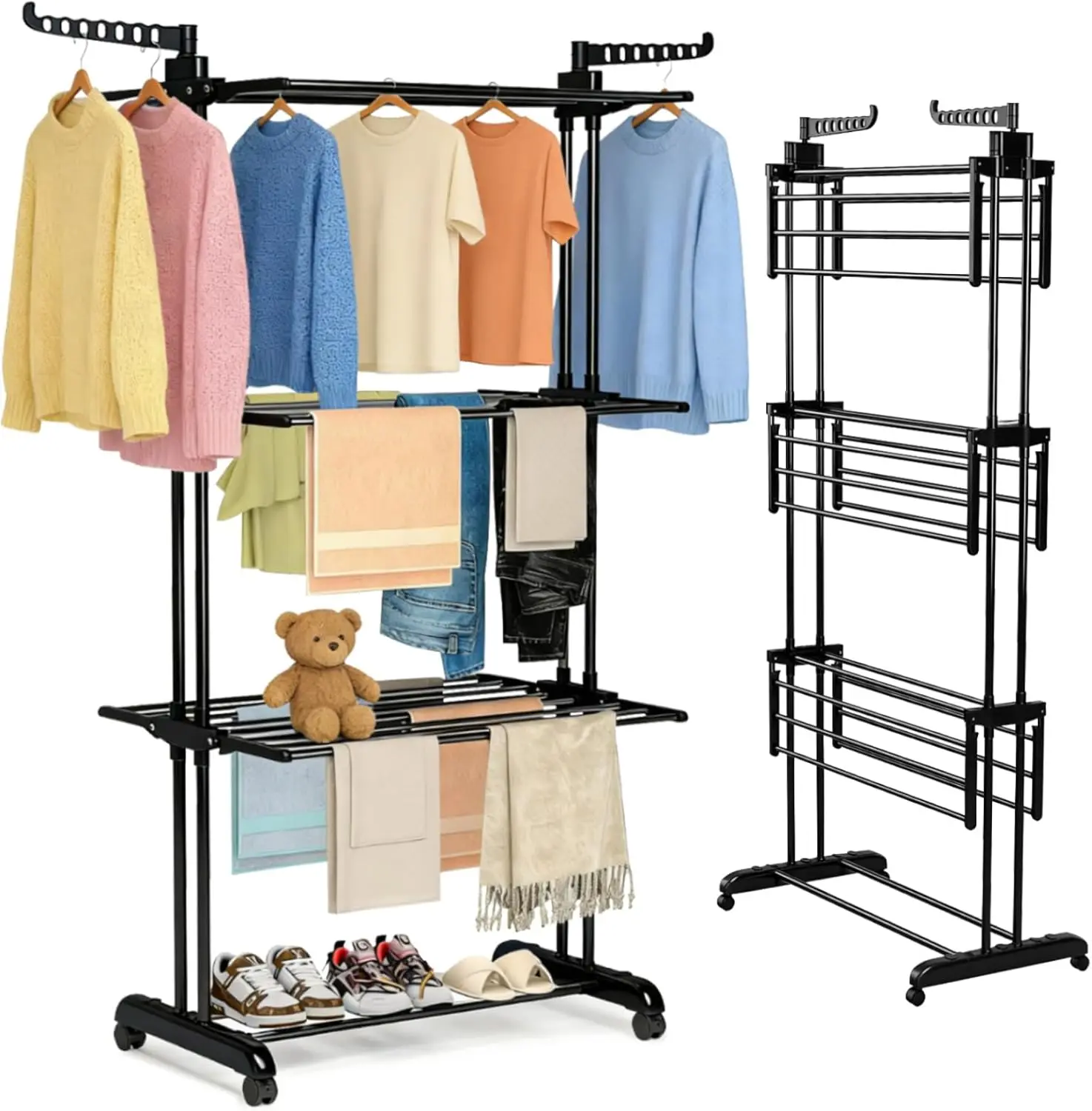 Tendedero Plegable para Ropa de Acero Inoxidable de 4 Niveles, Tendedero Retráctil con Dos Alas