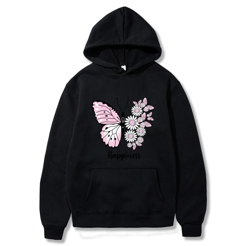 Men's and Women's Unisex Butterfly Print Pullover Casual Hooded Pocket Sweatshirt Sweatshirt Black