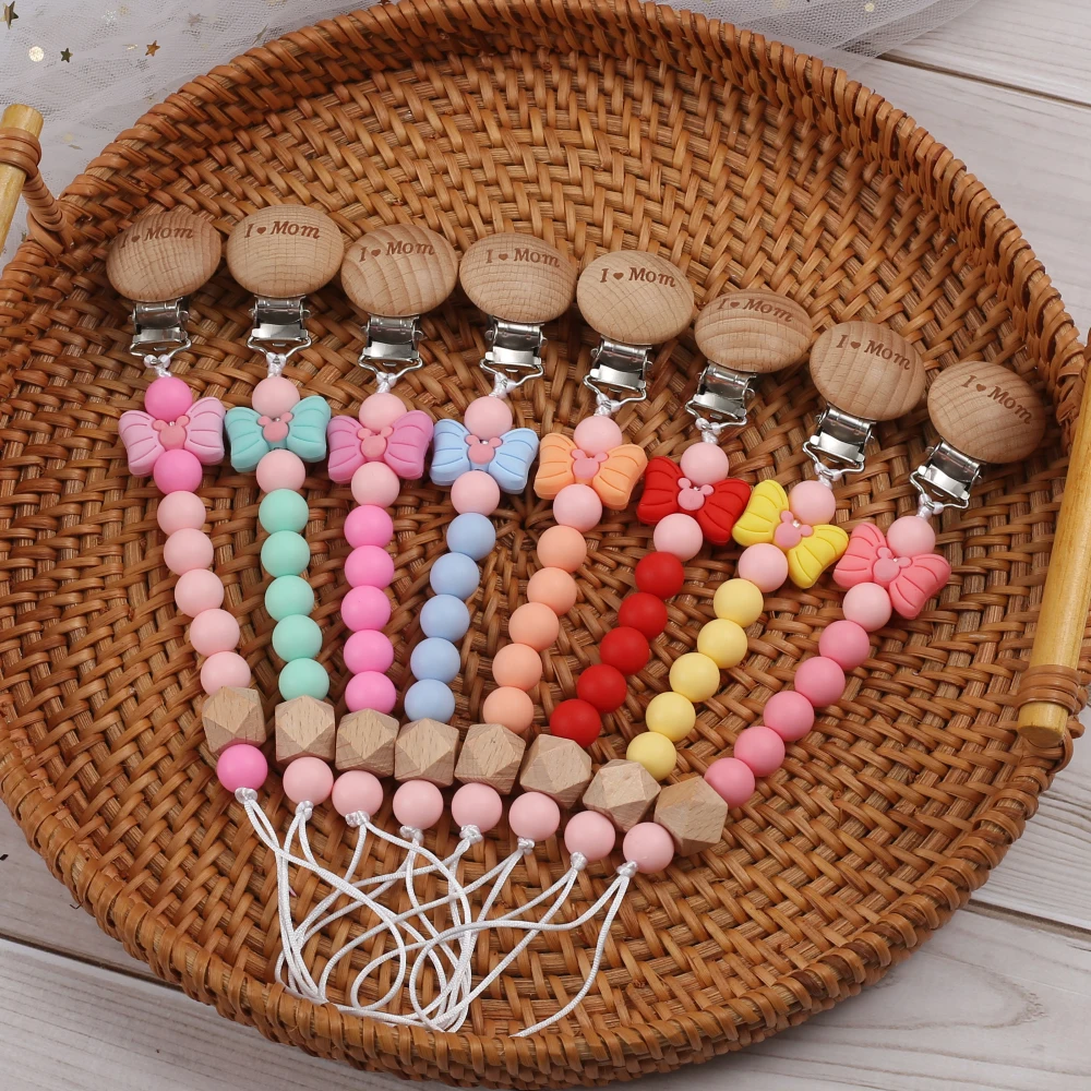 Baby Round Wood Dummy Holder Clip Silicone Cartoon Bow Bead Pacifier Chain For Care Teether Chew Toy Baby Pacifier Soother Chain 3