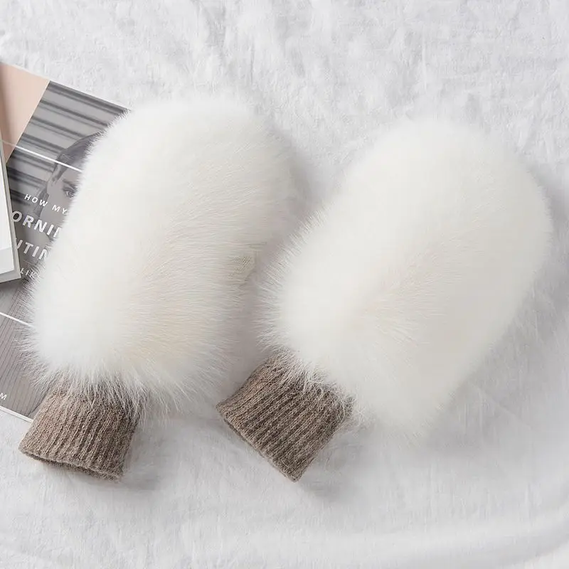 Winter Warm Genuine Fox Fur Covered Gloves Women Fashion Real Fox Fur Glove Outdoor Russia Thick Glove Women Warm