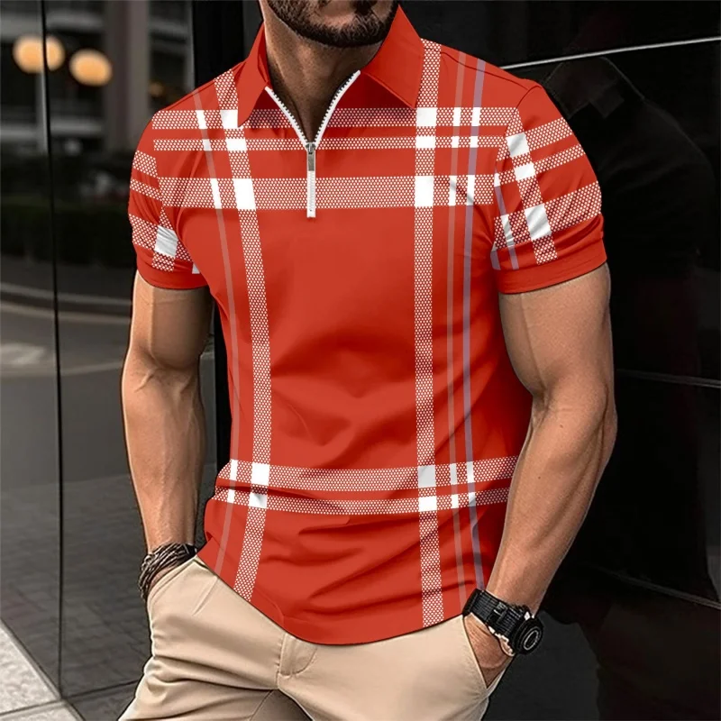 

2024 New Men's Summer Striped Checkered Short-Sleeved polo Shirt Zipper Breathable Casual polo Shirt Fashion Men's Wear