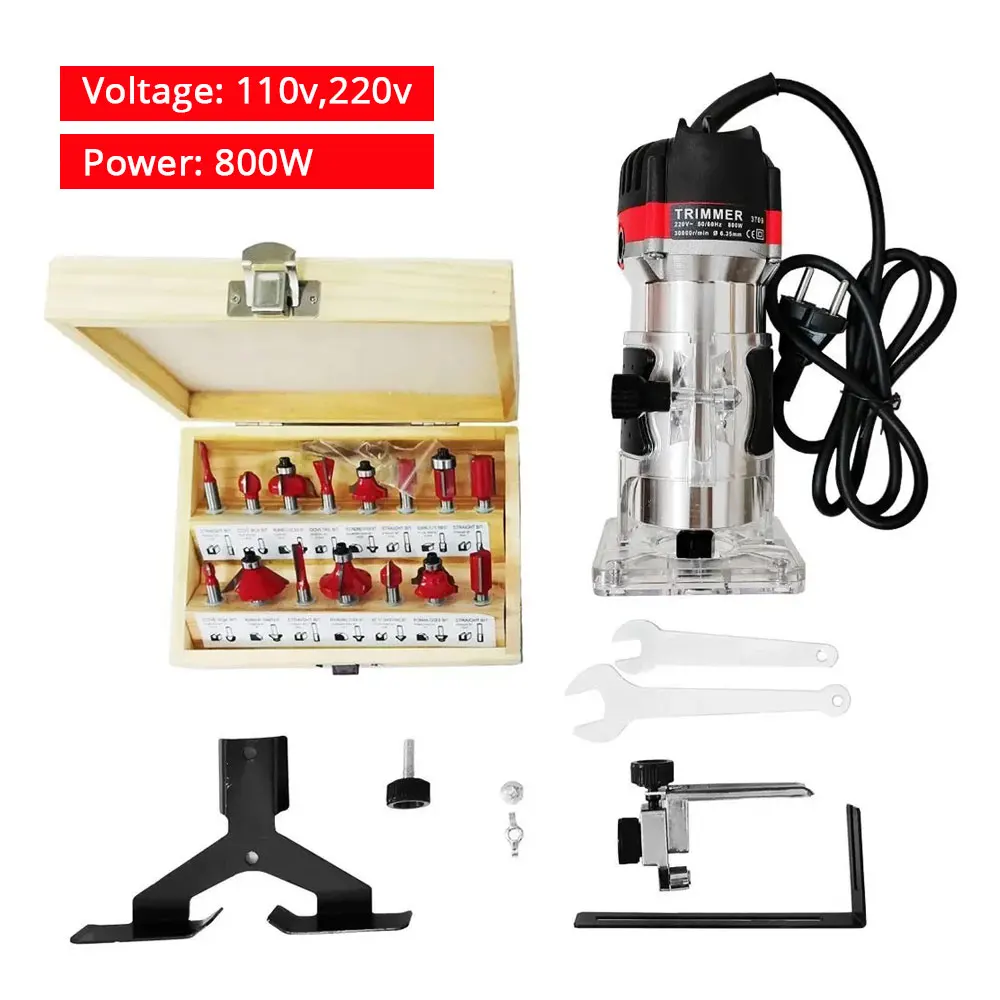 800w 30000rpm Wood Router Tool Combo Kit Electric Woodworking Machines Power Carpentry Manual Trimmer Tools With Milling Cutter