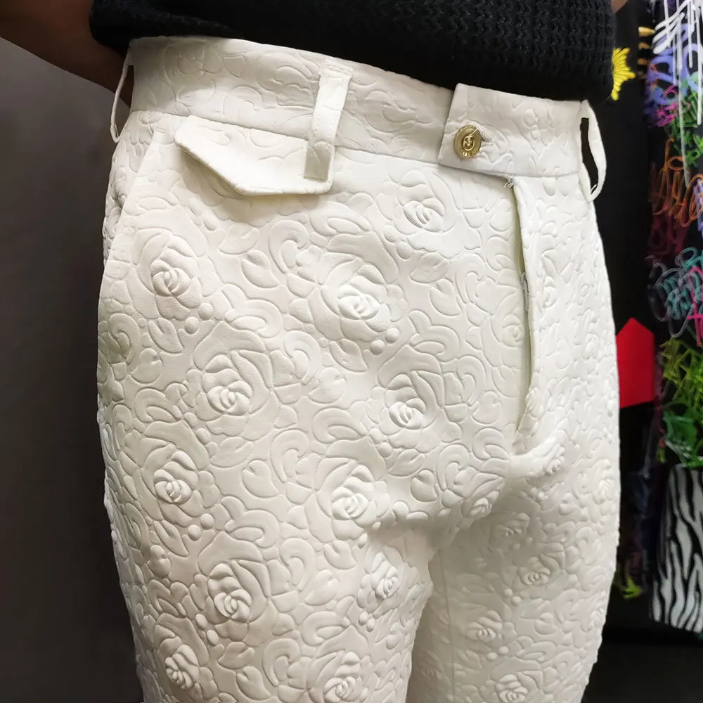 Pantalones de vestir con estampado de Rosa Blanca para hombre, pantalones de oficina informales de negocios, pantalones ajustados hasta el tobillo, pantalones de lujo para hombre, pantalones sociales