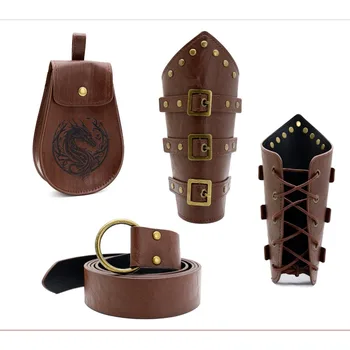 Medieval Viking Renaissance Belt Set - Vintage Bracer + Embossed Waist Pouch +Textured Leather Belt (Halloween /Theme Essential)