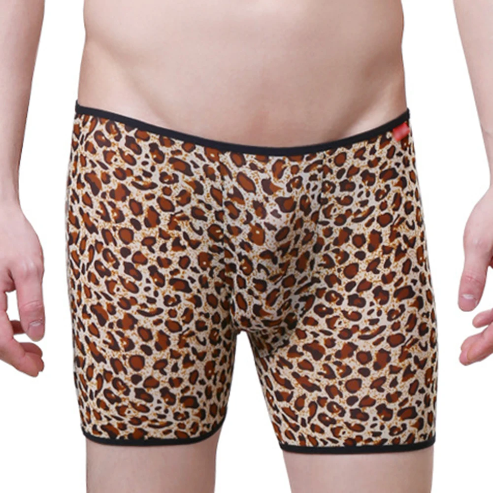 Sexy Men Boxer Gays Funny Leopard Pattern Underwear Mesh Long Leg Briefs Pouch Shorts Trunks Thin Breathable Underpants men s fishnet long boxer shorts underwear cut outs mesh see through gay square lingerie supre elastic big bottoms underpants