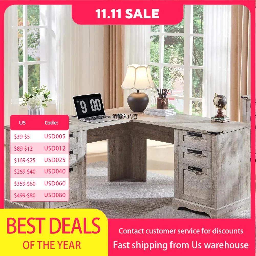 Office Furniture Desk Sets , 60Farmhouse L Shaped Executive Desk With Drawers Wood Home Office Cornenr With Charging Statio