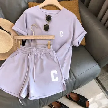  2 Piece Set Women Summer Loose Short Sleeve T-Shirt Casual Shorts Sports Print Letter Casual Suit Large Size Short Pajamas 3